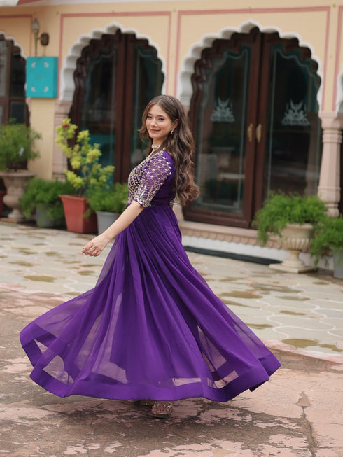 Purple Premium Festive Wear Readymade Faux Blooming Gown Collection Back View