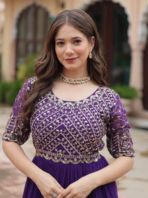 Purple Premium Festive Wear Readymade Faux Blooming Gown Collection Salwar Kameez