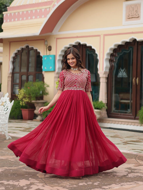 Rani Pink Premium Festive Wear Readymade Faux Blooming Gown Collection Closure View