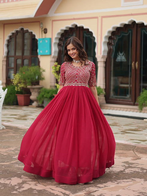 Rani Pink Premium Festive Wear Readymade Faux Blooming Gown Collection