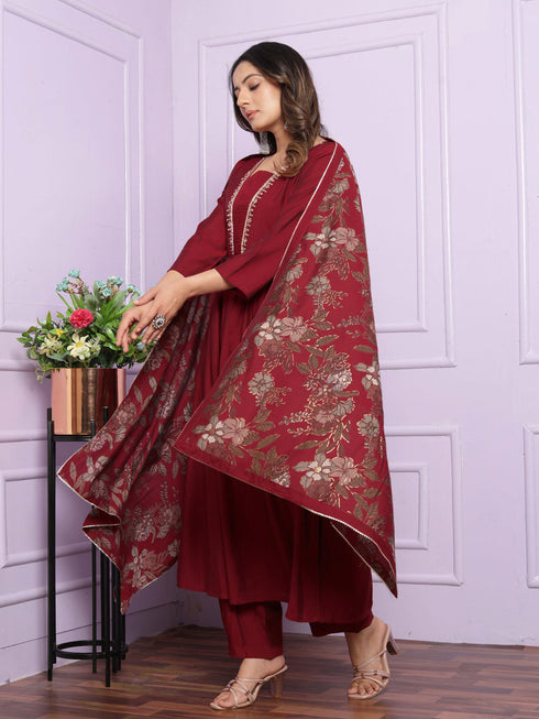 Maroon Modal Silk Pant Suit 192888 Closure View