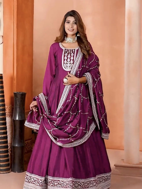 Purple Heavy Chinon Silk Anarkali Dress 192975 Closure View