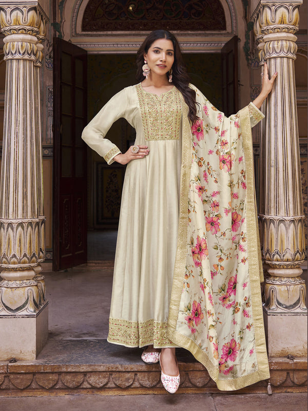 Cream Heavy Vichitra Silk Anarkali Dress 192978