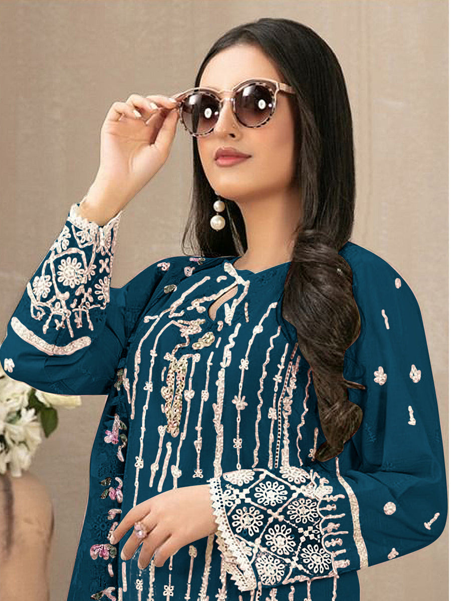 Teal Heavy Designer Suit With Heavy Embroidery Work