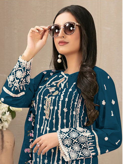 Teal Heavy Fox Georgette Pant Suit 192983 Closure View