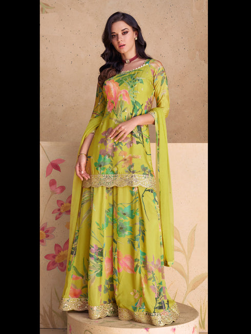 Lemon Yellow Heavy Chinon Palazzo Suit 192994