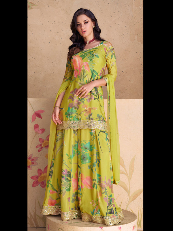 Lemon Yellow Heavy Chinon Palazzo Suit 192994