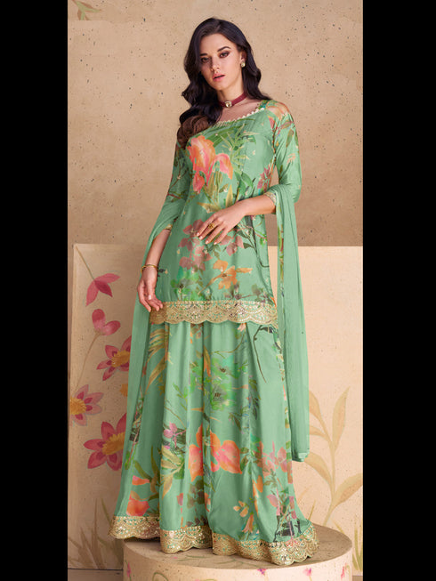 Sea Green Heavy Chinon Palazzo Suit 192996