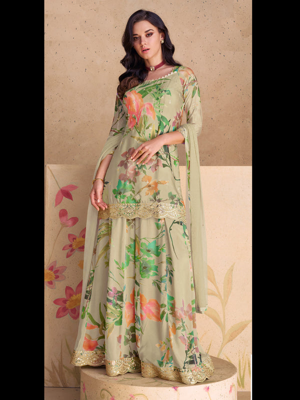 Beige Heavy Chinon Palazzo Suit 192997