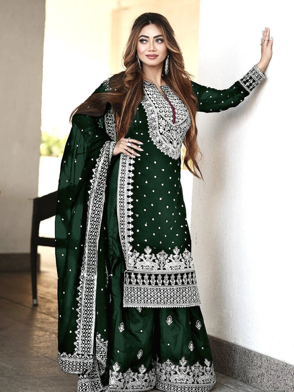 Dark Green Heavy Faux Georgette Palazzo Suit 193034