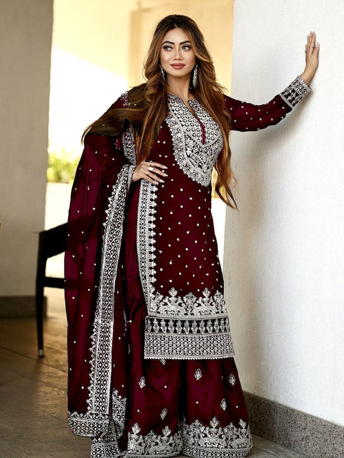 Maroon Heavy Faux Georgette Palazzo Suit 193036