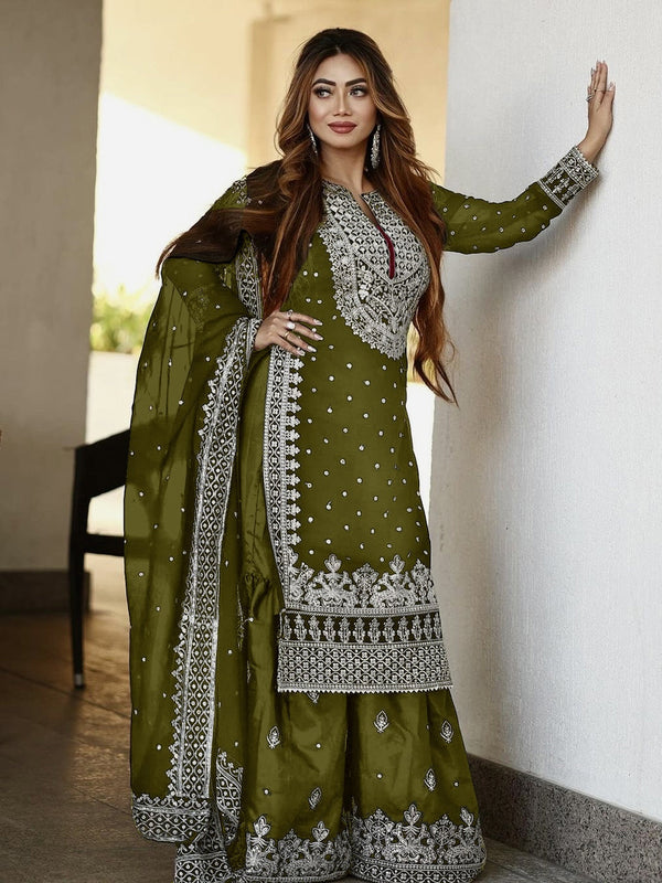Mehendi Heavy Faux Georgette Palazzo Suit 193037