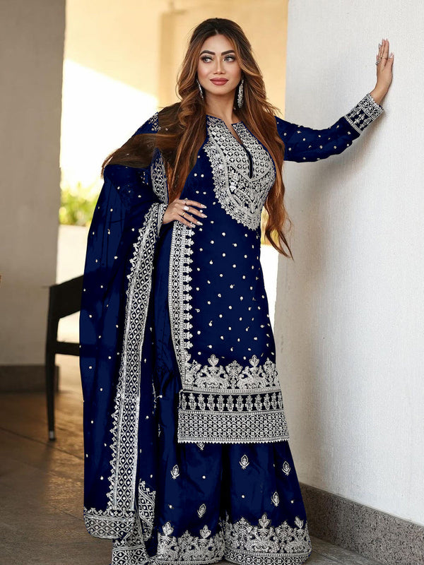 Navy Blue Heavy Faux Georgette Palazzo Suit 193039