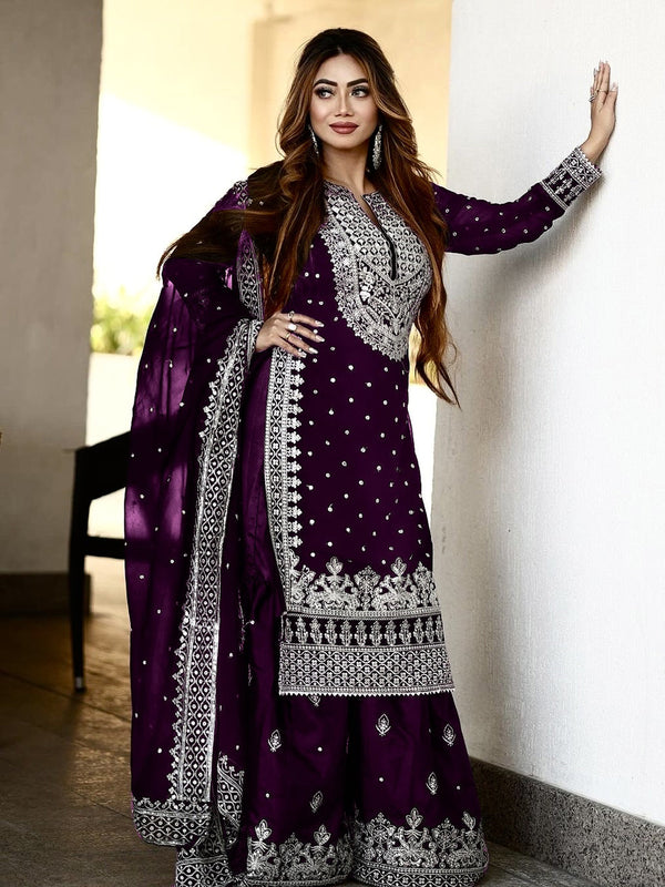 Purple Heavy Faux Georgette Palazzo Suit 193040