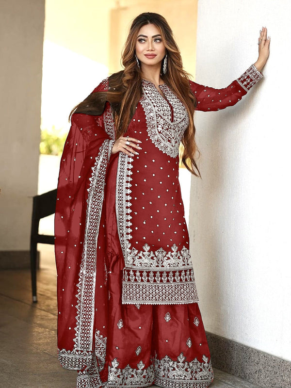 Red Heavy Faux Georgette Palazzo Suit 193042