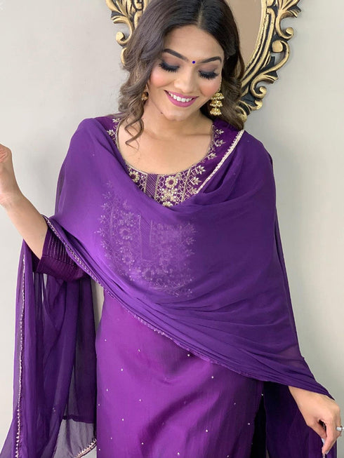 Purple Rayon Slub Pant Suit 193057 Salwar Kameez