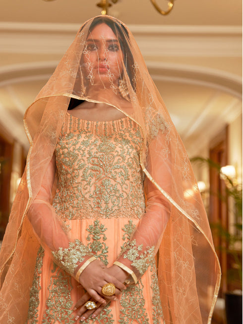 Peach Net Anarkali Suit 193081 Closure View