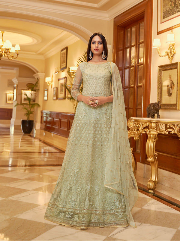 Light Pista Net Anarkali Suit 193083