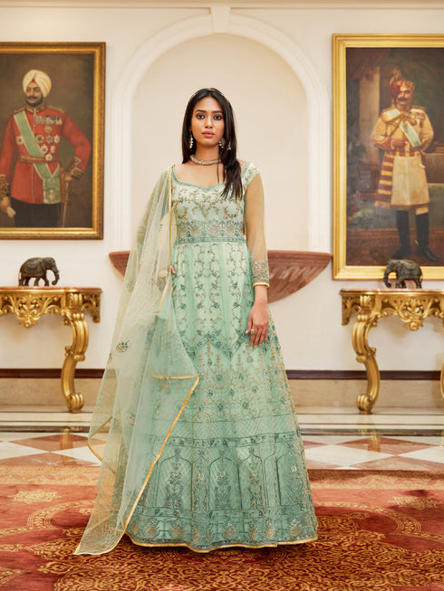 Aqua Blue Net Anarkali Suit 193087