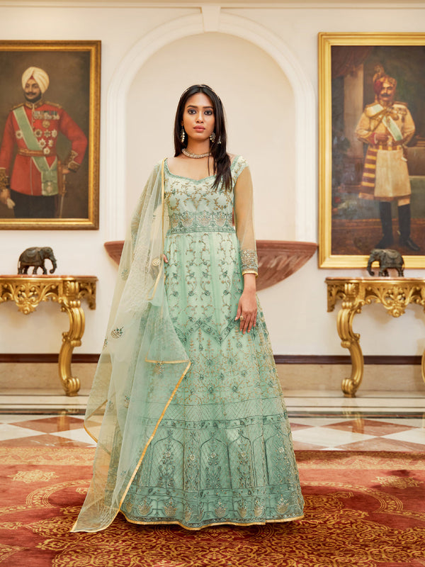 Aqua Blue Net Anarkali Suit 193087