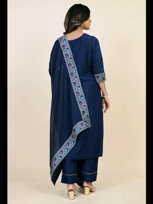 Navy Blue Chinon Silk Pant Suit 193208 Back View