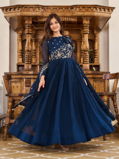 Navy Blue Fox Georgette Anarkali Dress 193239 Closure View