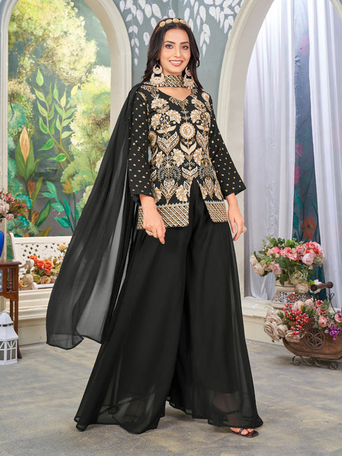 Black Heavy Fox Blooming Georgette Palazzo Suit 193263 Closure View