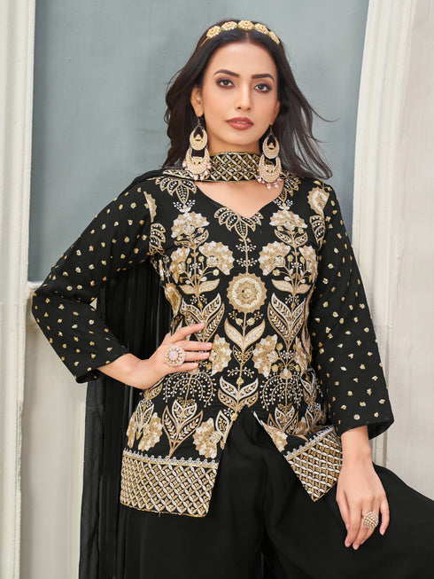 Black Heavy Fox Blooming Georgette Palazzo Suit 193263 Salwar Kameez
