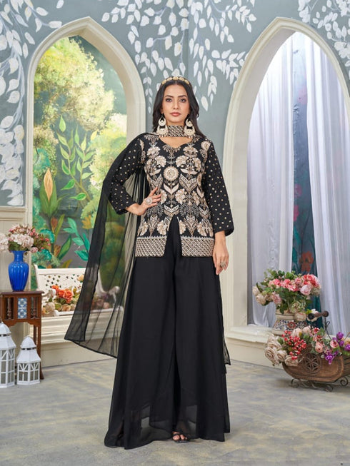 Black Heavy Fox Blooming Georgette Palazzo Suit 193263