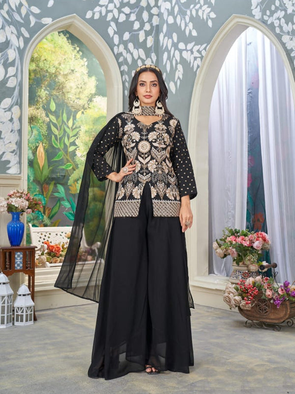 Black Heavy Fox Blooming Georgette Palazzo Suit 193263