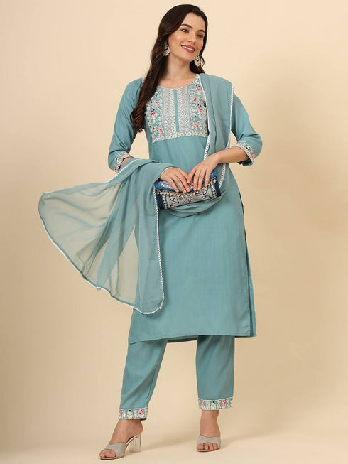 Aqua Blue Cotton Pant Suit 193358 Closure View