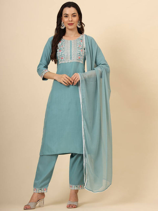 Aqua Blue Cotton Pant Suit 193358