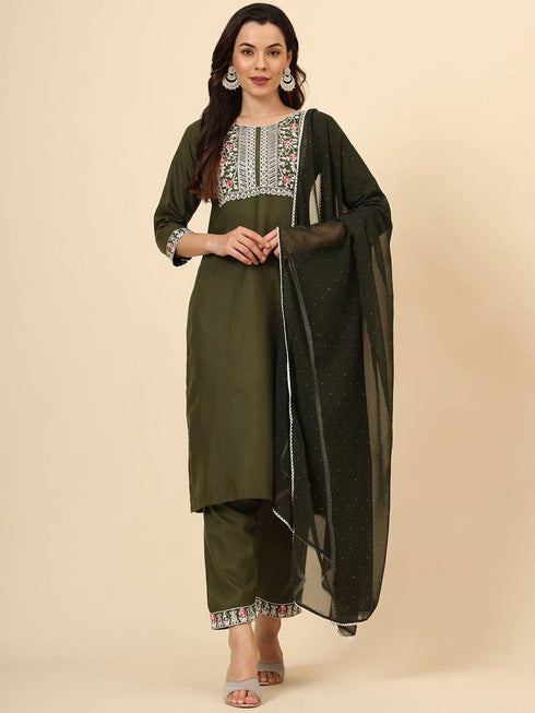 Mehendi Green Cotton Pant Suit 193360