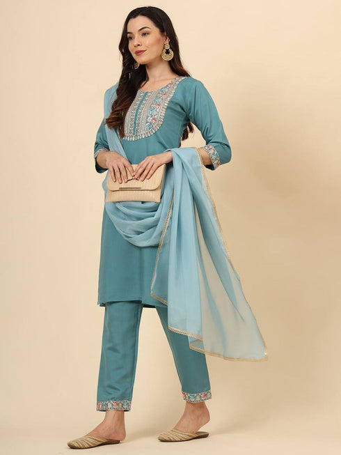 Aqua Blue Silk Blend Pant Suit 193368 Closure View