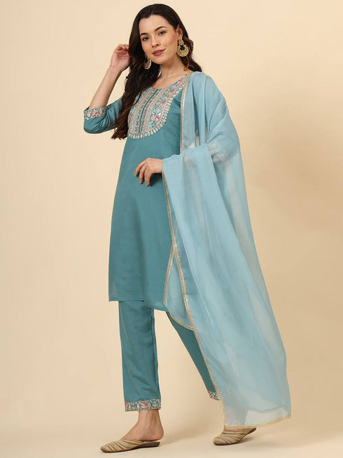 Aqua Blue Silk Blend Pant Suit 193368 Back View