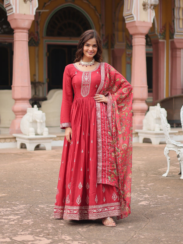 Maroon Chinon Anarkali Dress 193439