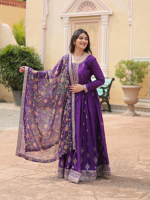 Purple Chinon Anarkali Dress 193440 Closure View
