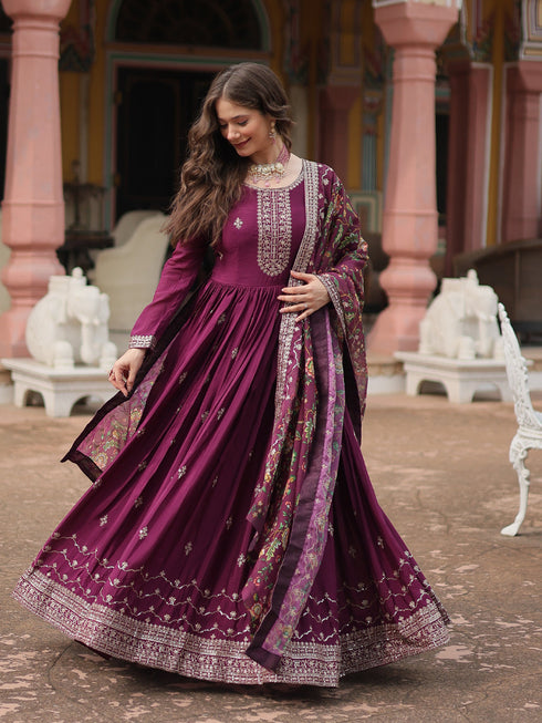 Wine Chinon Anarkali Dress 193442 Salwar Kameez
