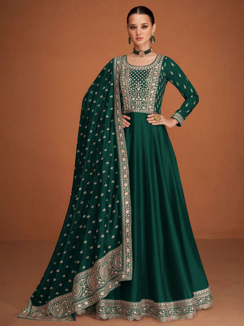 Green Heavy Premium Silk Anarkali Dress 193464