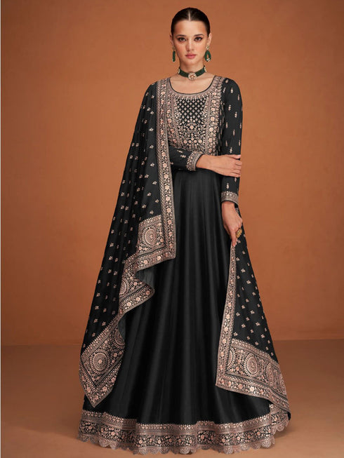 Black Heavy Premium Silk Anarkali Dress 193465