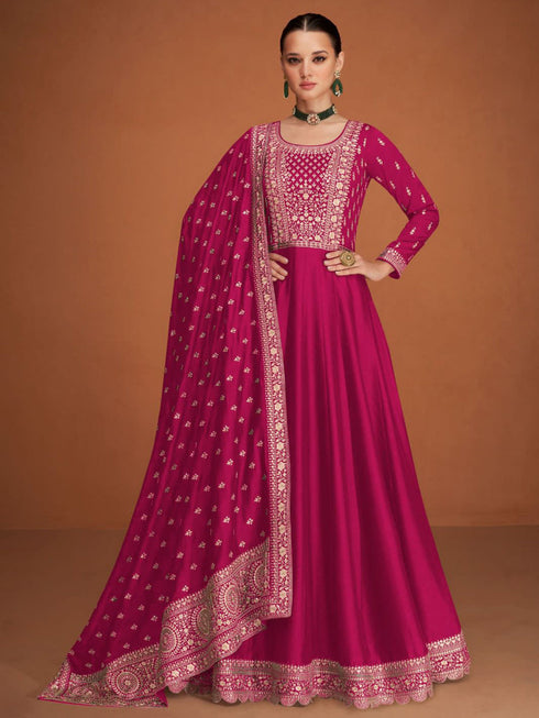 Rani Pink Heavy Premium Silk Anarkali Dress 193466
