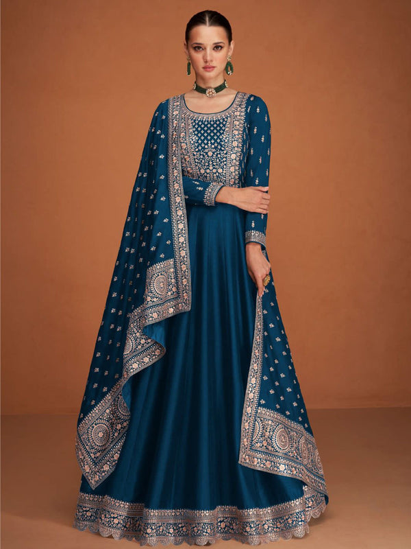 Teal Heavy Premium Silk Anarkali Dress 193467