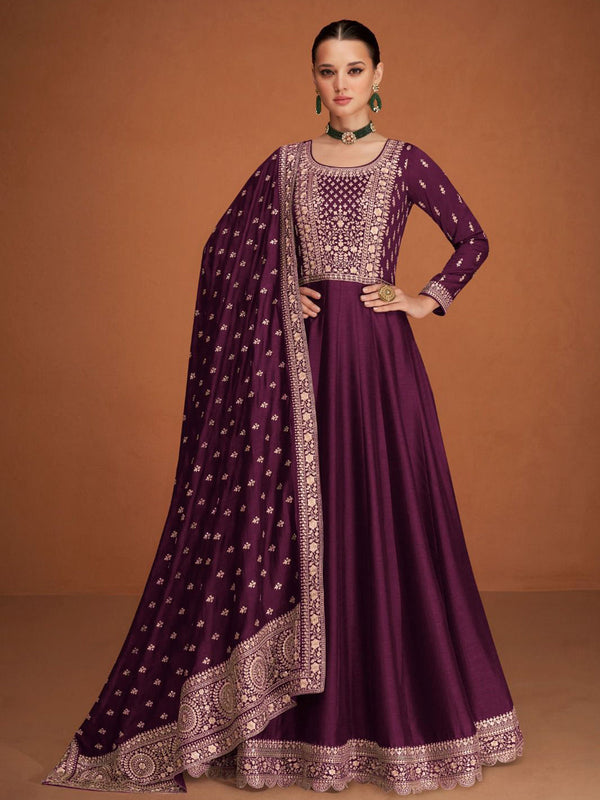 Wine Heavy Premium Silk Anarkali Dress 193468