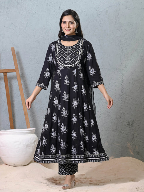 Black Rayon Cotton Anarkali Dress 193479