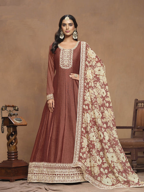 Brown Art Silk Anarkali Dress 193483