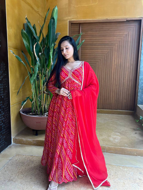 Red Pure Bandhej Anarkali Dress 193536
