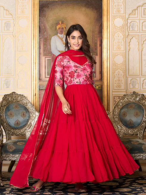 Red Fox Georgette Anarkali Dress 193542 Closure View