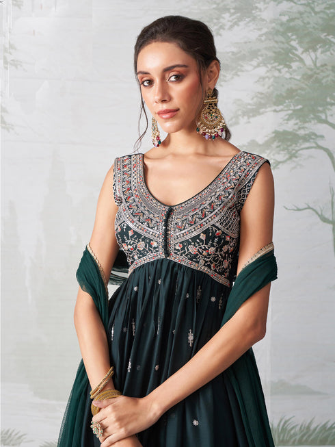 Bottle Green Rangoli Georgette Anarkali Dress 193553 Closure View