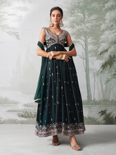 Bottle Green Rangoli Georgette Anarkali Dress 193553