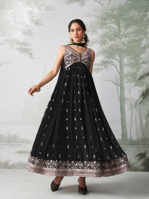 Black Rangoli Georgette Anarkali Dress 193554 Closure View